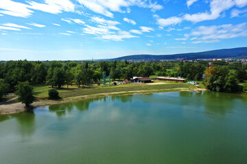 Obraz na płótnie Canvas Aerial view of the lake zelena voda in Nove Mesto nad Vahom in Slovakia