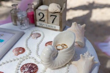 Close up view of wedding rings in the white ceramic shell on the table with wedding decor at the beach wedding ceremony, Punta Cana, Dominican Republic