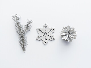 minimalistic flat lay christmas traditional decor elements on gray background. blank for design and...