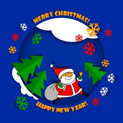 Christmas card with Christmas and New year. Paper cutout. Funny Santa Claus is in a hurry with a bag of gifts. Xmas Poster, Banner, Placard or Card Template. Winter Illustration with Snowflakes
