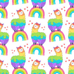 Rainbow llama, colorful illustration. Seamless vector pattern for packaging, fabric, wallpaper, textile.