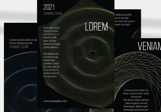Flyer Layout with Geometric Wireframe Shapes on Black