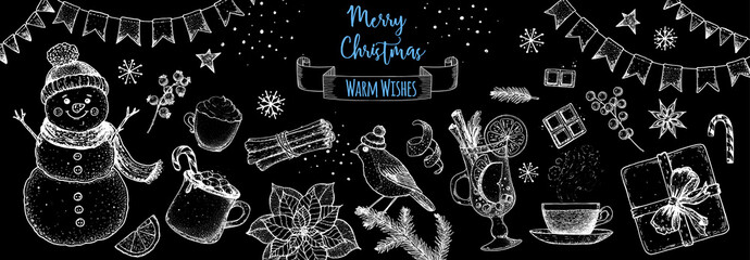 Christmas greeting card. Hand drawn sketch. Vector illustration. Christmas invitation design template. Sketch collection. Snowmen, bird, gift box, holiday banner