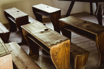 old wooden school benches, close view - Powered by Adobe