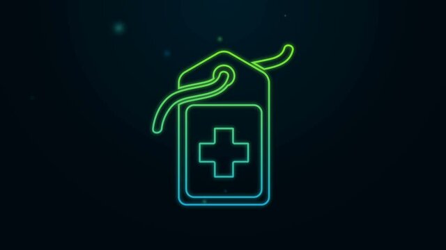 Glowing neon line Cross hospital medical tag icon isolated on black background. First aid. Diagnostics symbol. Medicine and pharmacy sign. 4K Video motion graphic animation