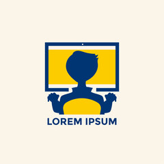 Online education emblem template. Kid learning online in front of laptop