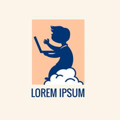 Online education emblem template. Kid learning online with laptop and stay at cloud
