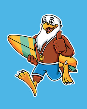 Cute cartoon eagle carrying a surfboard with a thumbs up pose. Vector Illustration with blue background