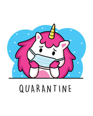 Cute unicorn cartoon is doing self-isolation using a mask. Vector Illustration on white background