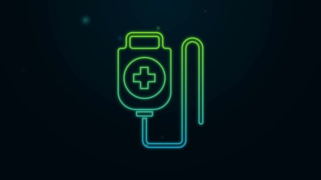 Glowing neon line IV bag icon isolated on black background. Blood bag. Donate blood concept. The concept of treatment and therapy, chemotherapy. 4K Video motion graphic animation
