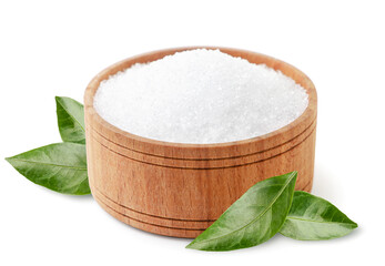 Citric acid in wooden plate with green leaves on white background, isolated. Lemon acid