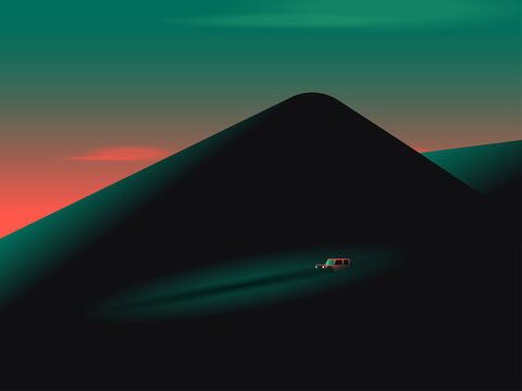 Illustration of car driving on road on Mount Fuji during sunset