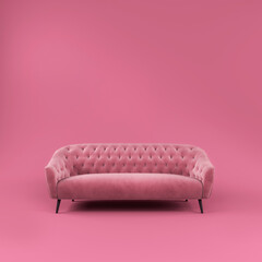 Fashionable comfortable stylish pink fabric sofa with black legs on pink background with shadow....
