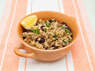 Vegan bulgur with lentils, beans and chickpeas