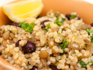 Vegan bulgur with lentils, beans and chickpeas