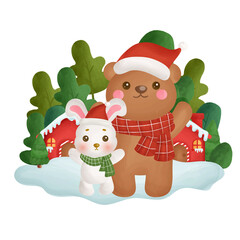 Christmas card with water color bear and rabbit in the forest.