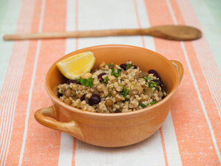 Vegan bulgur with lentils, beans and chickpeas