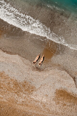 Aerial view of a woman in the Mediterranean Sea in Turkey. Beautiful summer landscape with a girl, clear azure water, waves and sandy beach on a sunny day. Top view from a flying drone.