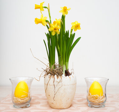 Easter decoration with yellow daffodils in a pot and egg shaped candles