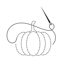 Silhouette of pumpkin with interrupted contour. Vector illustration of handmade work with embroidery thread and needle on white background. Halloween, autumn and thanksgiving decoration
