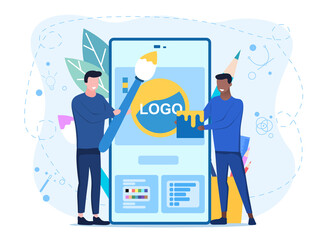 App for designers concept with two tiny men standing by a giant smartphone with a brush and a bucket of paint. Flat vector illustration