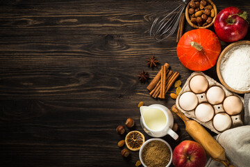 Fall baking ingredients on kitchen table.