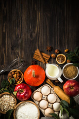 Fall baking ingredients on kitchen table.