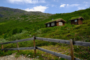 Fototapeta na wymiar A red log cabin with traditional grass roof in Norway