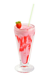 Strawberry milkshake in glass bowl with plastic straw.
