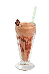 Chocolate milk shake in glass bowl with plastic straw.