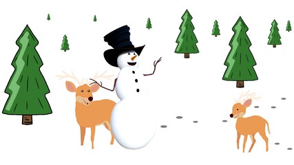 Obraz na płótnie Canvas Illustration 3D of the winter with a snowman , deers and fir trees