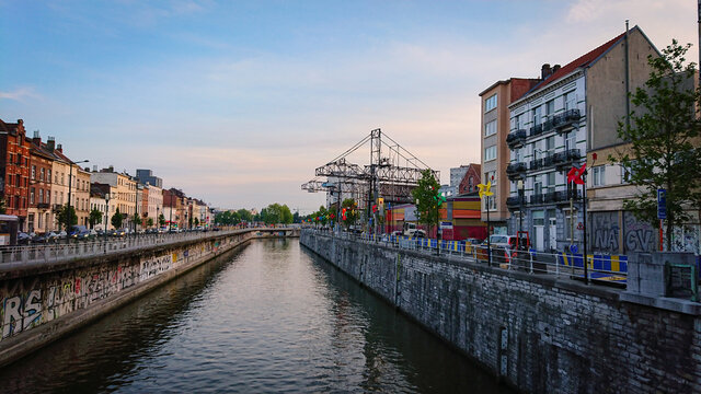 Brussels, Belgium - May 11, 2018: View of the Canal Bruxelles-Charleroi from the bridge in the quarter Molenbeek-Saint-Jean