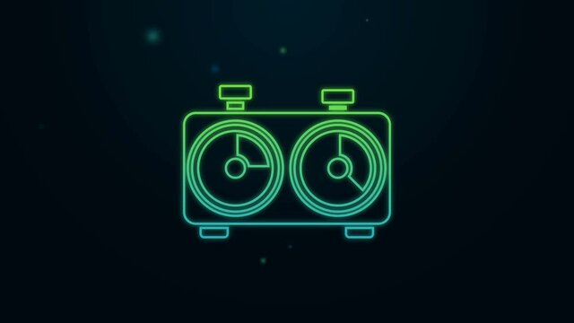 Glowing neon line Time chess clock icon isolated on black background. Sport equipment. 4K Video motion graphic animation