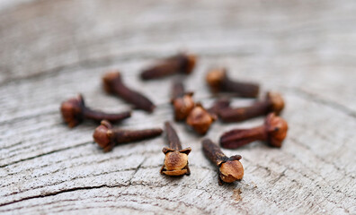 Cloves (flower buds of Syzygium aromaticum). Clipping paths, shadow separated on wood ;herb for health..close up.