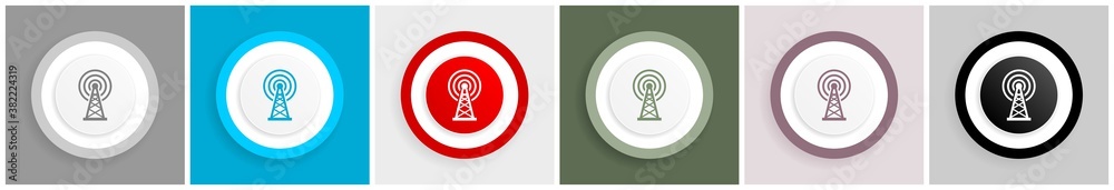 Poster Antenna, wireles communication icon set, colorful flat design vector illustrations in 6 options for web design and mobile applications