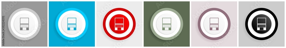 Poster open notebook, laptop, mobile computer icon set, colorful flat design vector illustrations in 6 opti