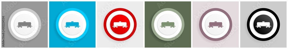 Poster fuel cistern wagon, train icon set, colorful flat design vector illustrations in 6 options for web d