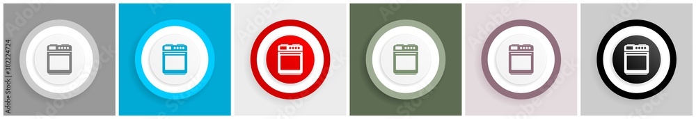 Aufkleber stove and oven icon set, colorful flat design vector illustrations in 6 options for web design and m