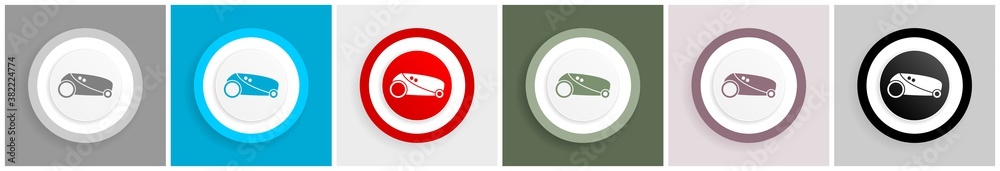 Aufkleber robot, automatic grass mower icon set, colorful flat design vector illustrations in 6 options for we