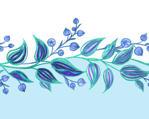 Seamless border of abstract twigs and leaves in blue tones, watercolor illustration, print for fabric, wallpaper, home furnishings and other designs.