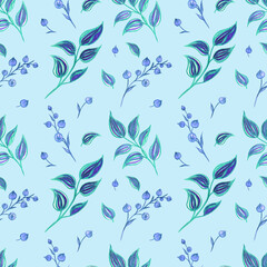 Seamless pattern of abstract twigs and leaves in blue tones, watercolor illustration, print for fabric, wallpaper, wrapping paper and other designs.