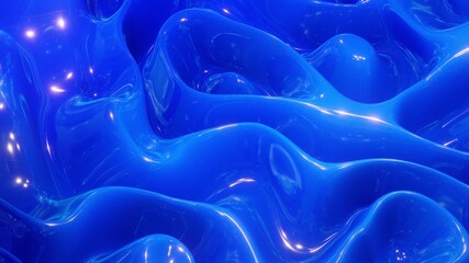Obraz premium 3d rendering. Abstract wavy pattern on bright glossy surface, blue color, like waves on blue paint fluid. Glitters on viscous 3d liquid. Creative backdrop
