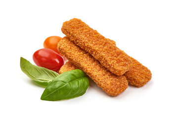 Crumbed fish fingers, isolated on white background