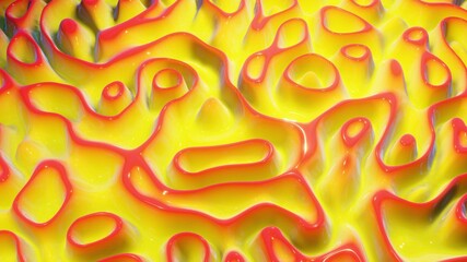 3d rendering. Abstract wavy pattern on bright glossy surface, liquid gradient red yellow, like waves on paint fluid. Creative backdrop