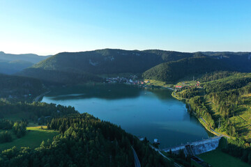 Fototapeta na wymiar Aerial view of the Palcmanska Masa reservoir in the village of Dedinky in Slovakia