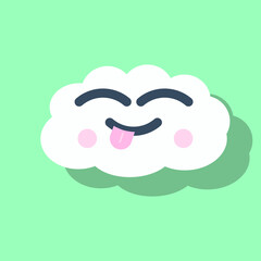 Cute greeting card with cheerful cloud, colorful vector illustration with closed eyes, two pink and round blush, isolated icon