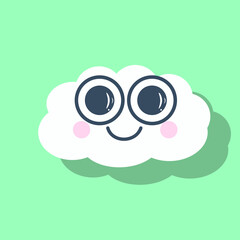 Fototapeta premium Cute postcard with cheerful cloud, colorful vector illustration of smiling face, two pink and round blushes, isolated icon