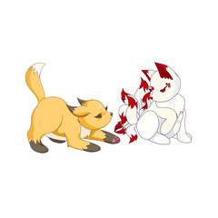 Young Kumiho and Red Fox-cub in Cartoon design style, vector illustration on white isolated background, concept of Asian Culture and Korean Mythology, Magic and Fairytales, Animal and Wildlife.