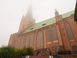 View of the Basilica of St James the Apostle in Szczecin during an autumn foggy day - obrazy, fototapety, plakaty