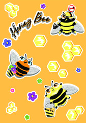 Honey bee. Cute bees stickers set. Vector illustration for kids playroom.